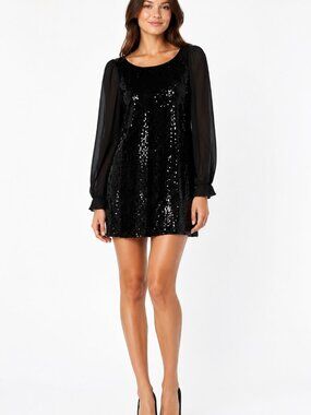 Jane Norman Black Sequin Mini Dress Sheer Long Sleeves UK 14 EUR 40